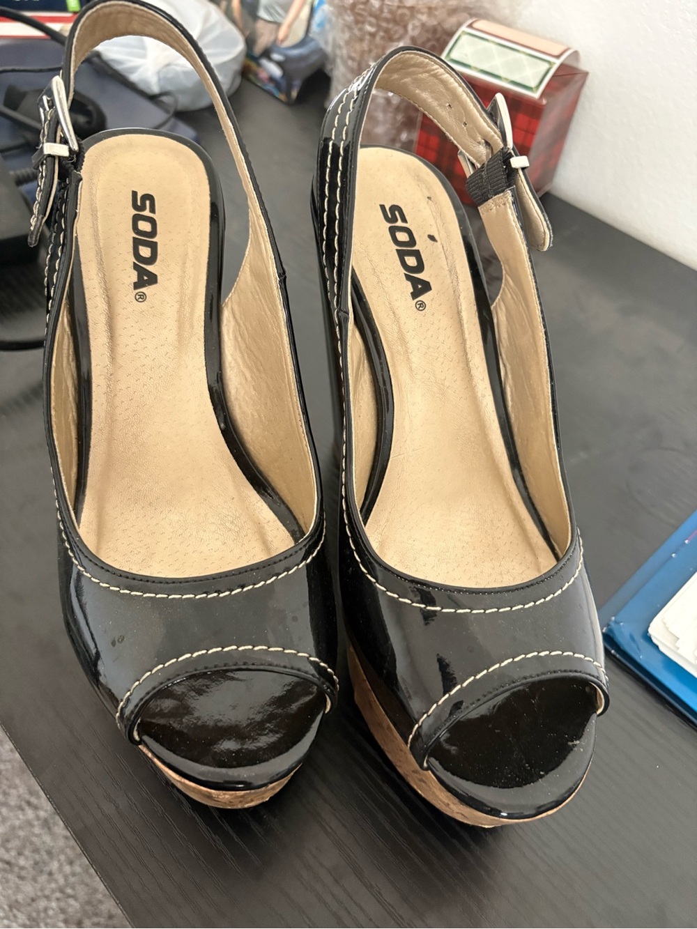 SODA Black Patent Peep-Toe Slingback Wedges